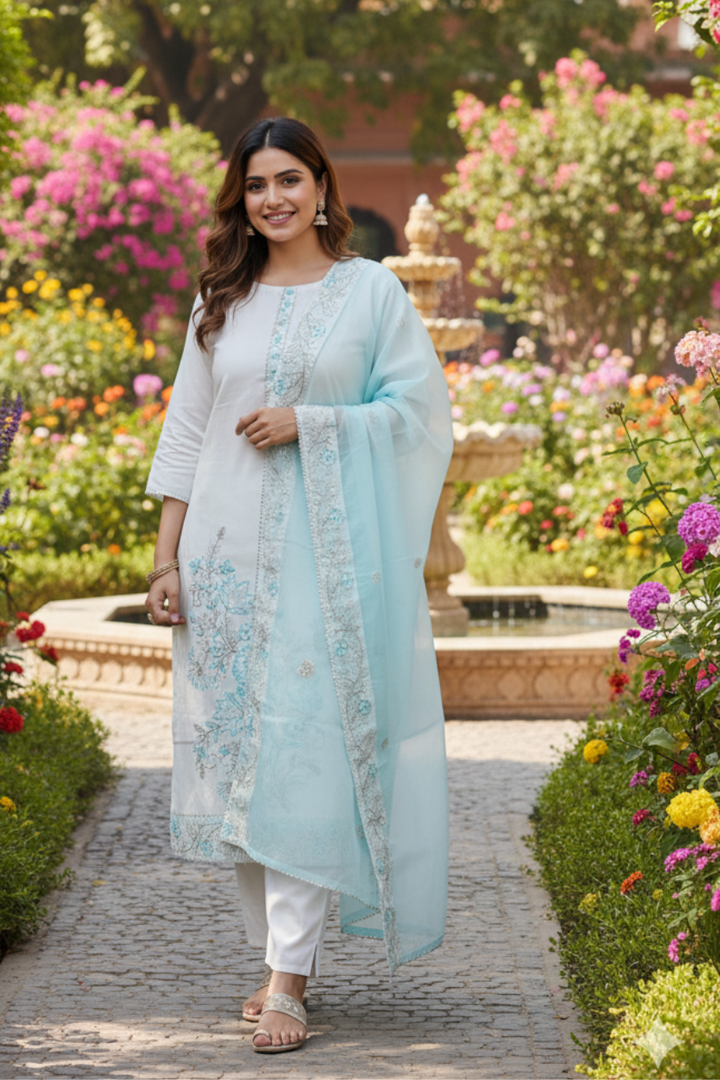 Elegant White & Sky Blue Embroidered Beautiful Suit with Delicate Detailing and Soft Dupatta