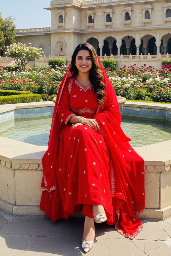 Foux Gorgette Anarkali - Available in 5 Beautiful Colors Red Orange Purple Pink Black