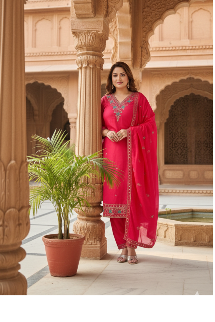 Royal Rose – Beautiful Heavy Roman Silk Shimmer Suit with Handwork & Soft Dupatta Ensemble