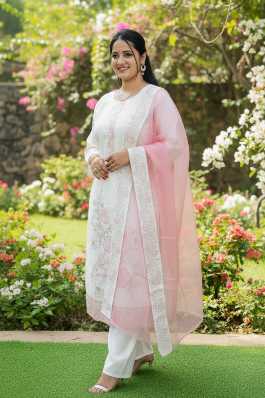 Beautiful White Suit with Delicate Pink Embroidery – Perfect for Festive & Special Occasions