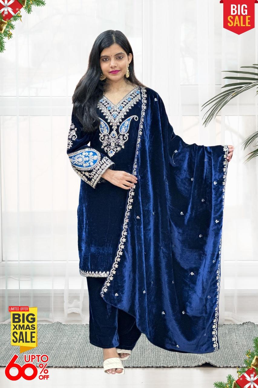 3 PIECE BEAUTIFUL VELVET SUIT WITH DIPATTA IN 2 COLORS