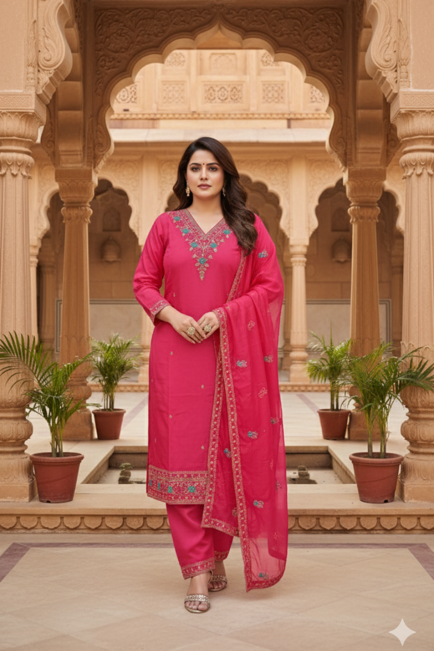 Royal Rose – Beautiful Heavy Roman Silk Shimmer Suit with Handwork & Soft Dupatta Ensemble