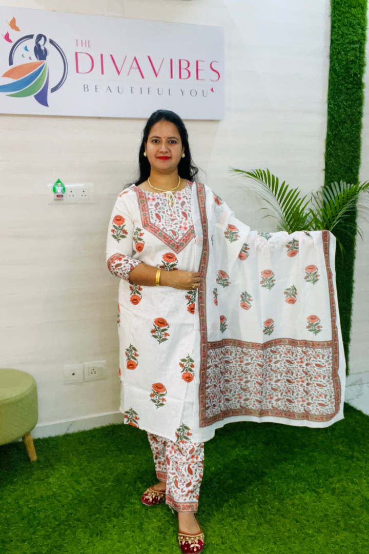 Block Print Cotton Kurta Set with Dupatta | Floral Print | White & Orange |           M L XL 2XL 3XL