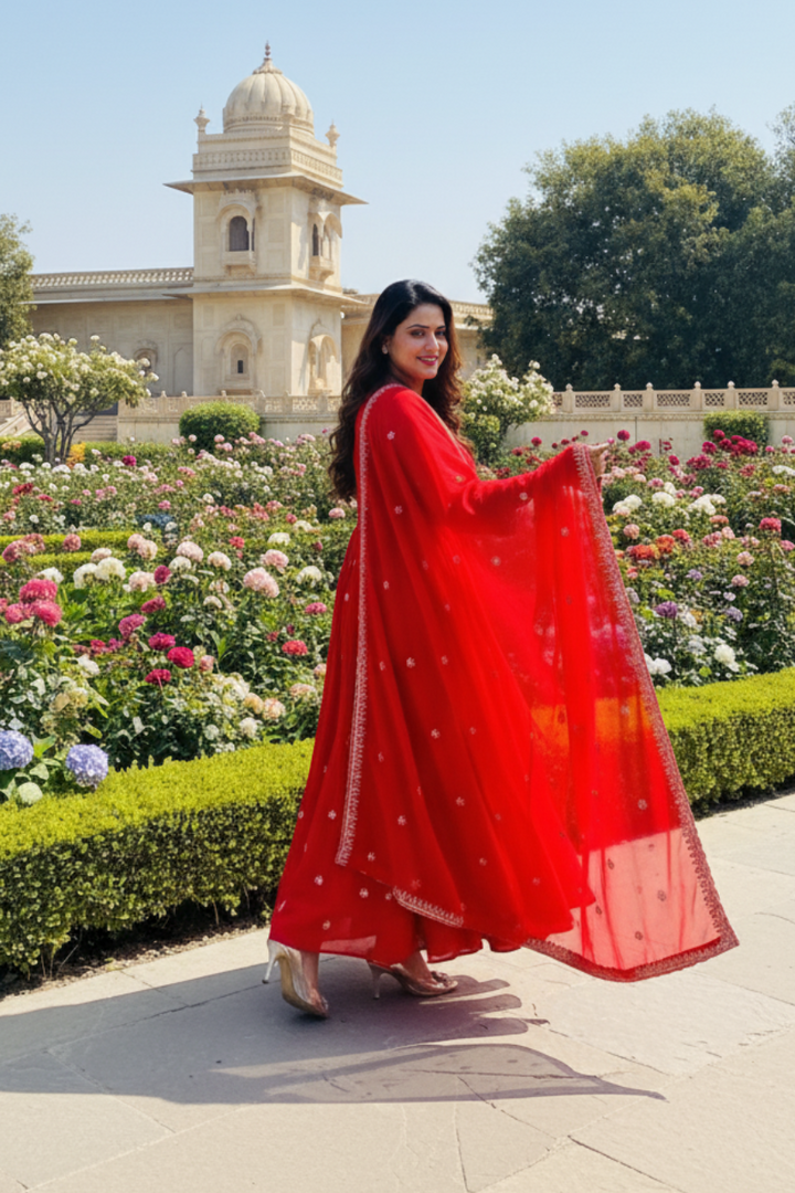 Foux Gorgette Anarkali - Available in 5 Beautiful Colors Red Orange Purple Pink Black