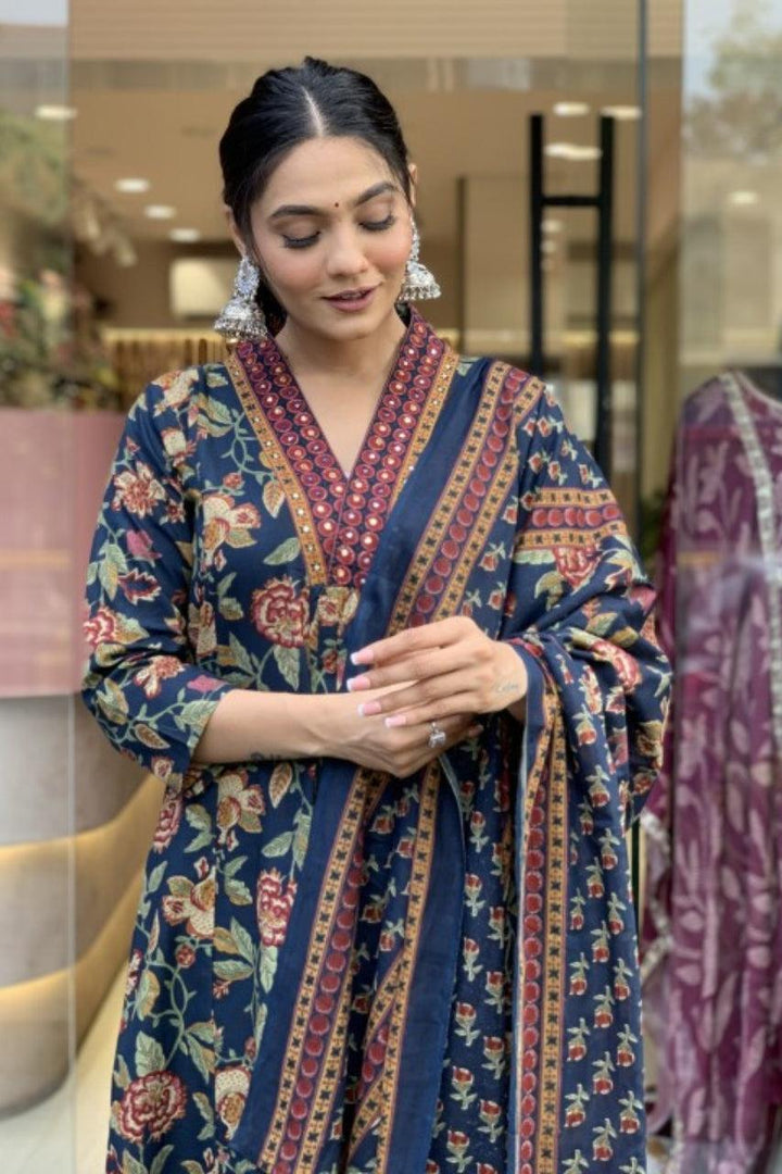 A LINE COTTON FLORAL 3 PIECE SUITS WITH COTTON DUPPATA