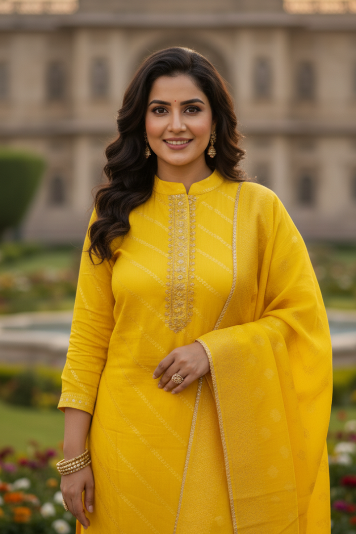 Beautiful Sunshine Mustered Yellow Silk Suit with Banarasi Dupatta - RAJA RANI LATKANS on SHIRT