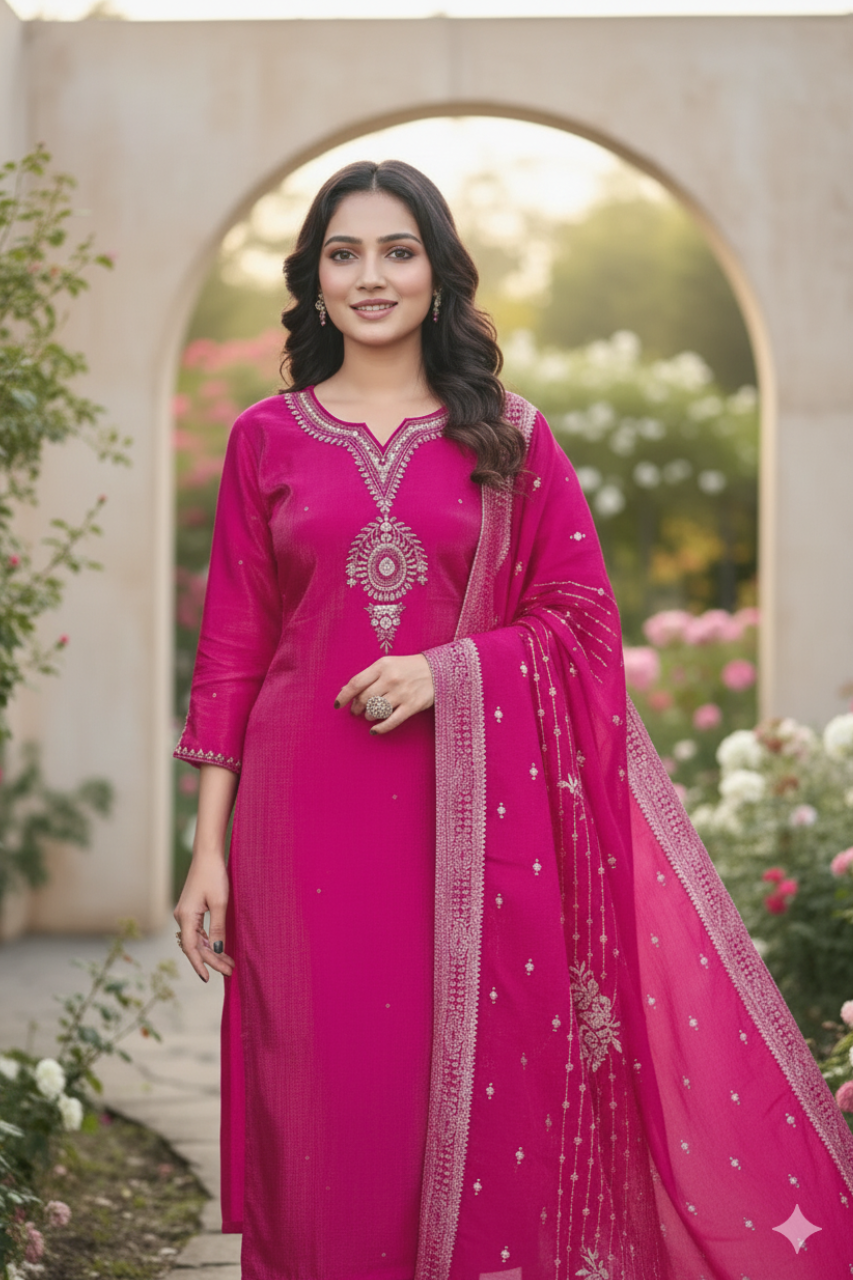 Magenta Majesty – Beautiful Roman Silk Shimmer Women Suit with Handwork & Jacquard Dupatta