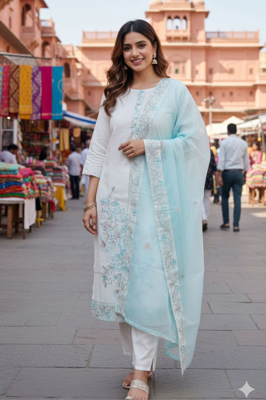 Elegant White & Sky Blue Embroidered Beautiful Suit with Delicate Detailing and Soft Dupatta