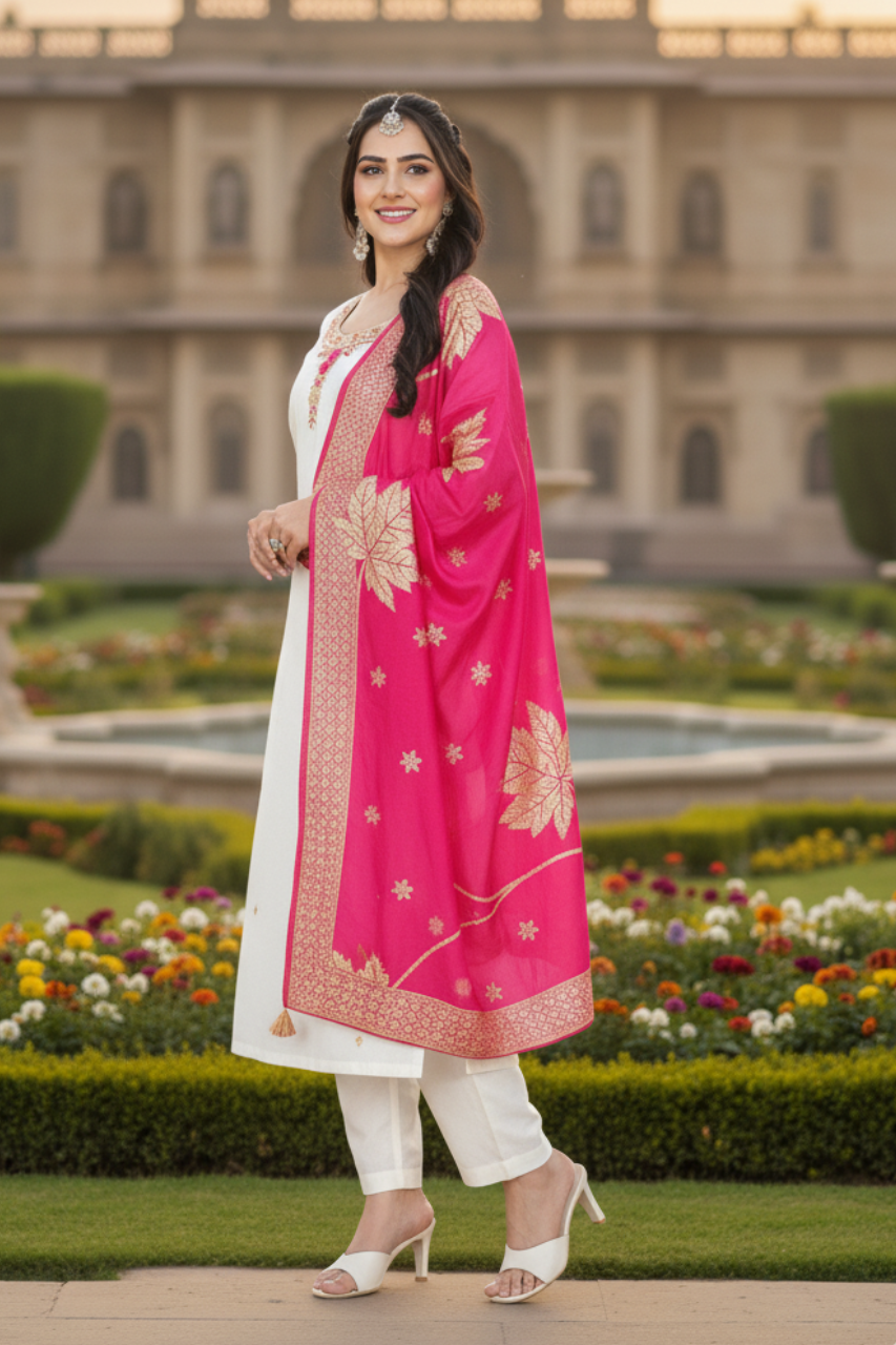 BEAUTIFUL & Elegant White Soft Premium Silk Suit with FLORAL Jacquard Dupatta - LINING ATTACHED