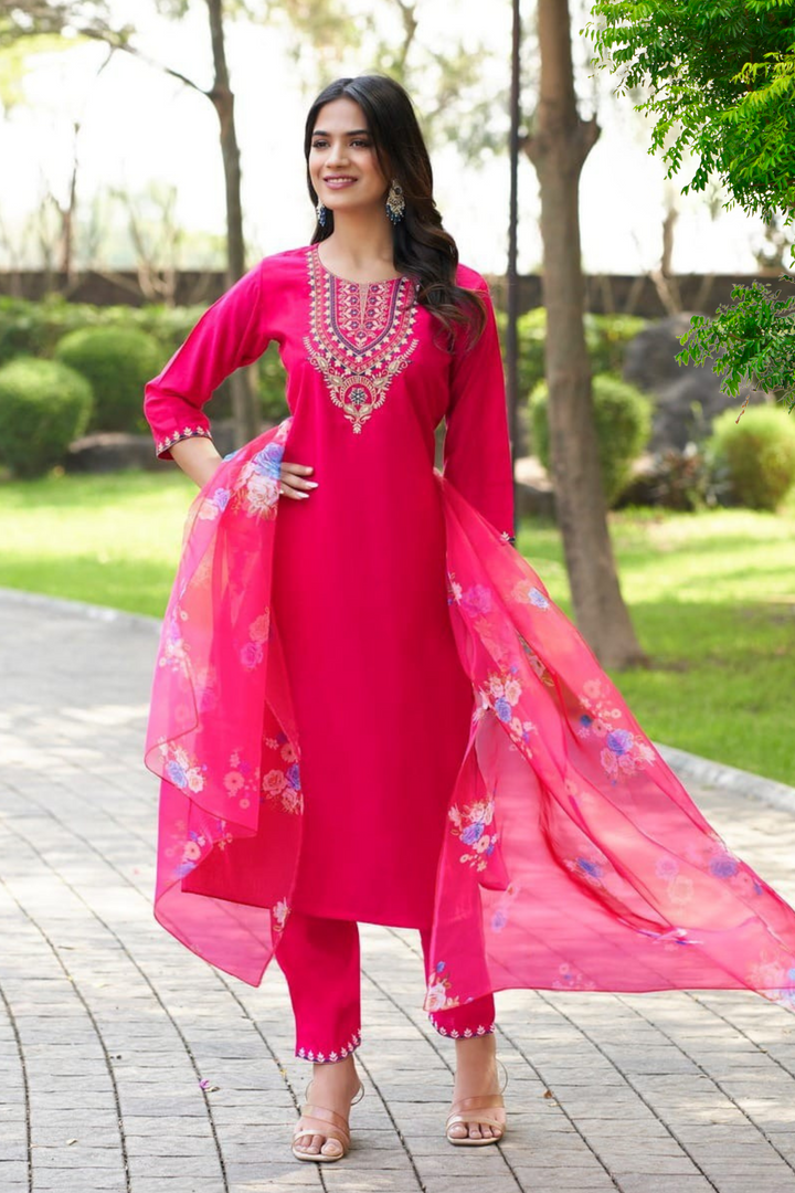 BEAUTIFUL ROMAN SILK SUIT– 8 COLORS WITH ORGANZA FLORAL DUPPATA