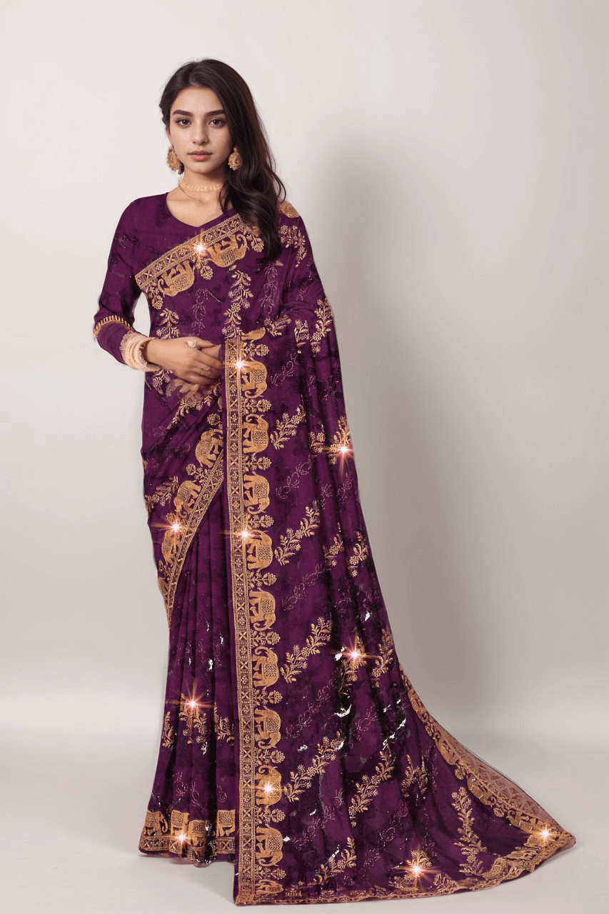 HEAVY GEORGETTE SAREE WITY MATCHING BLOUSE FOR WOMEN, 4 VIBRANT COLORS