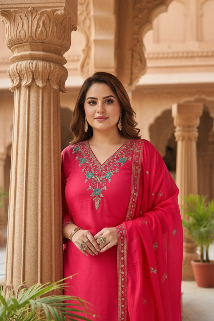 Royal Rose – Beautiful Heavy Roman Silk Shimmer Suit with Handwork & Soft Dupatta Ensemble