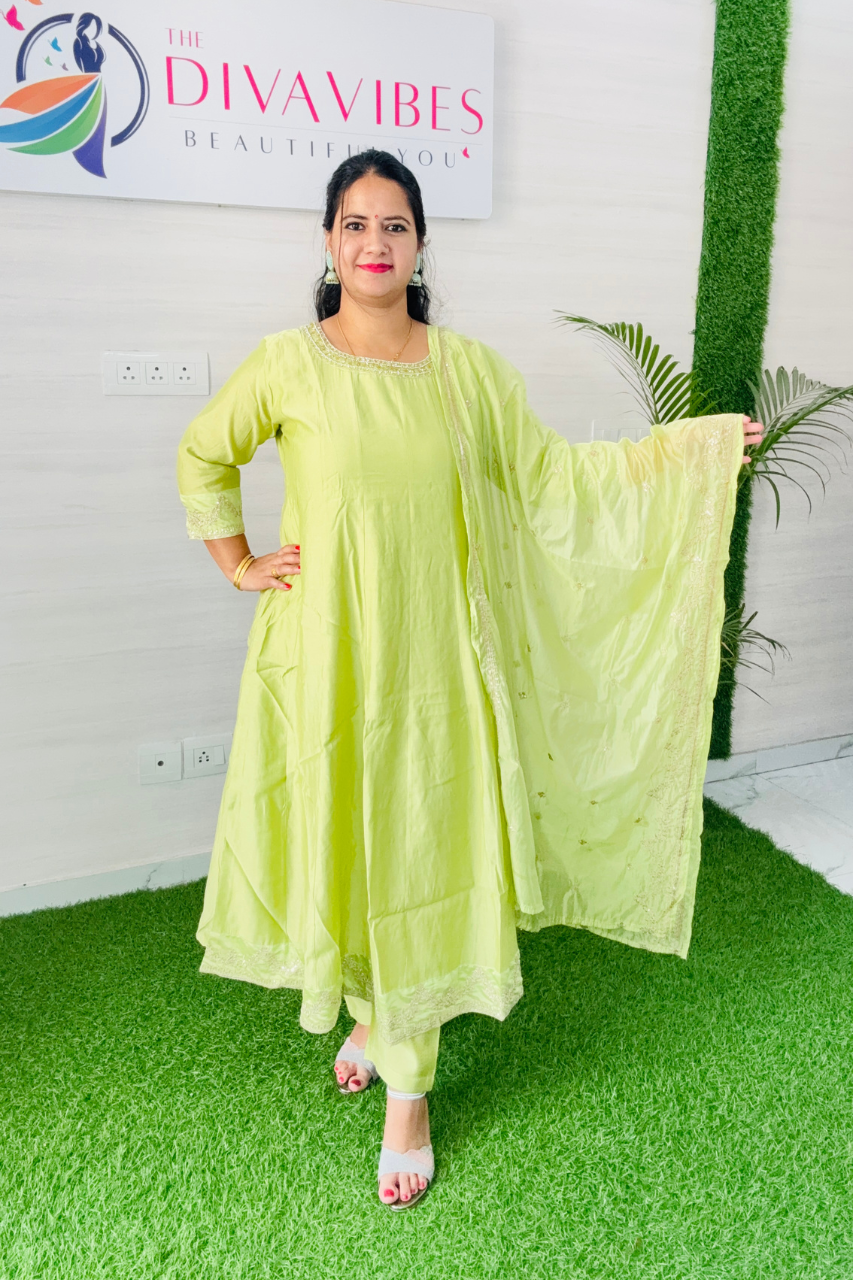 Beautiful and Elegant Lime Green Premium Silk Anarkali Women Suit with Embroidered Dupatta