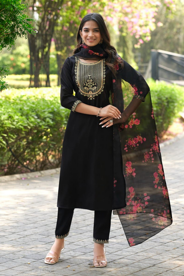 BEAUTIFUL ROMAN SILK SUIT– 8 COLORS WITH ORGANZA FLORAL DUPPATA