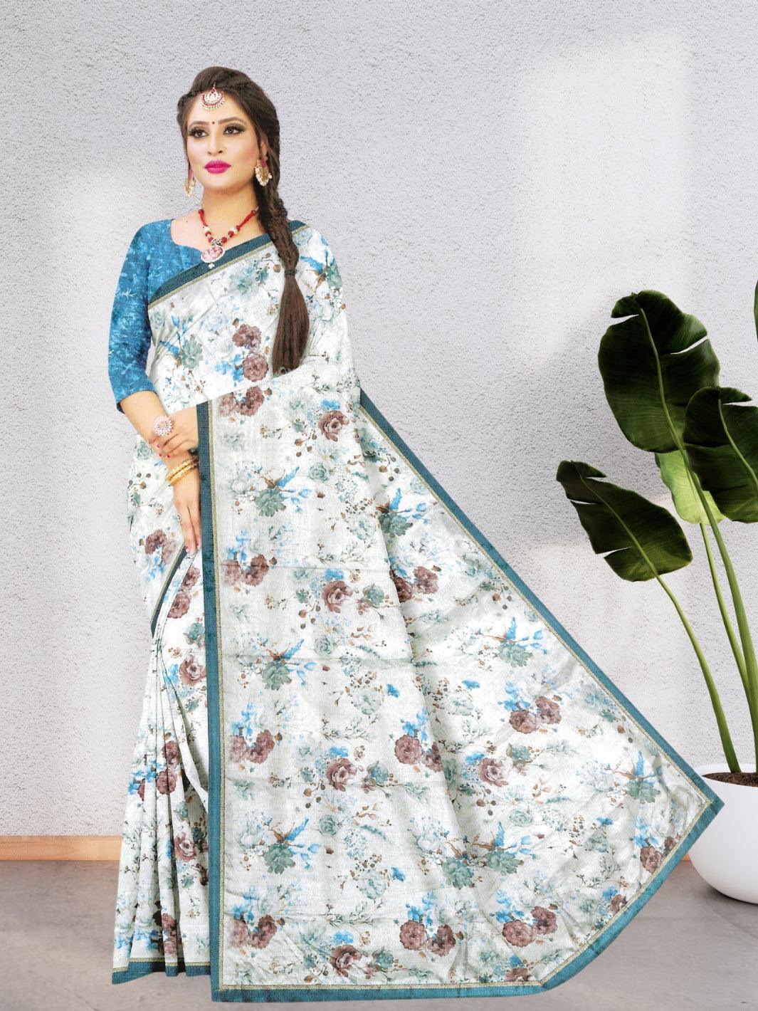 CHIFFON FLORAL SAREE WITH BEAUTIFUL DESIGN WITH BLOUSE, 9 BEAUTIFUL COLORS