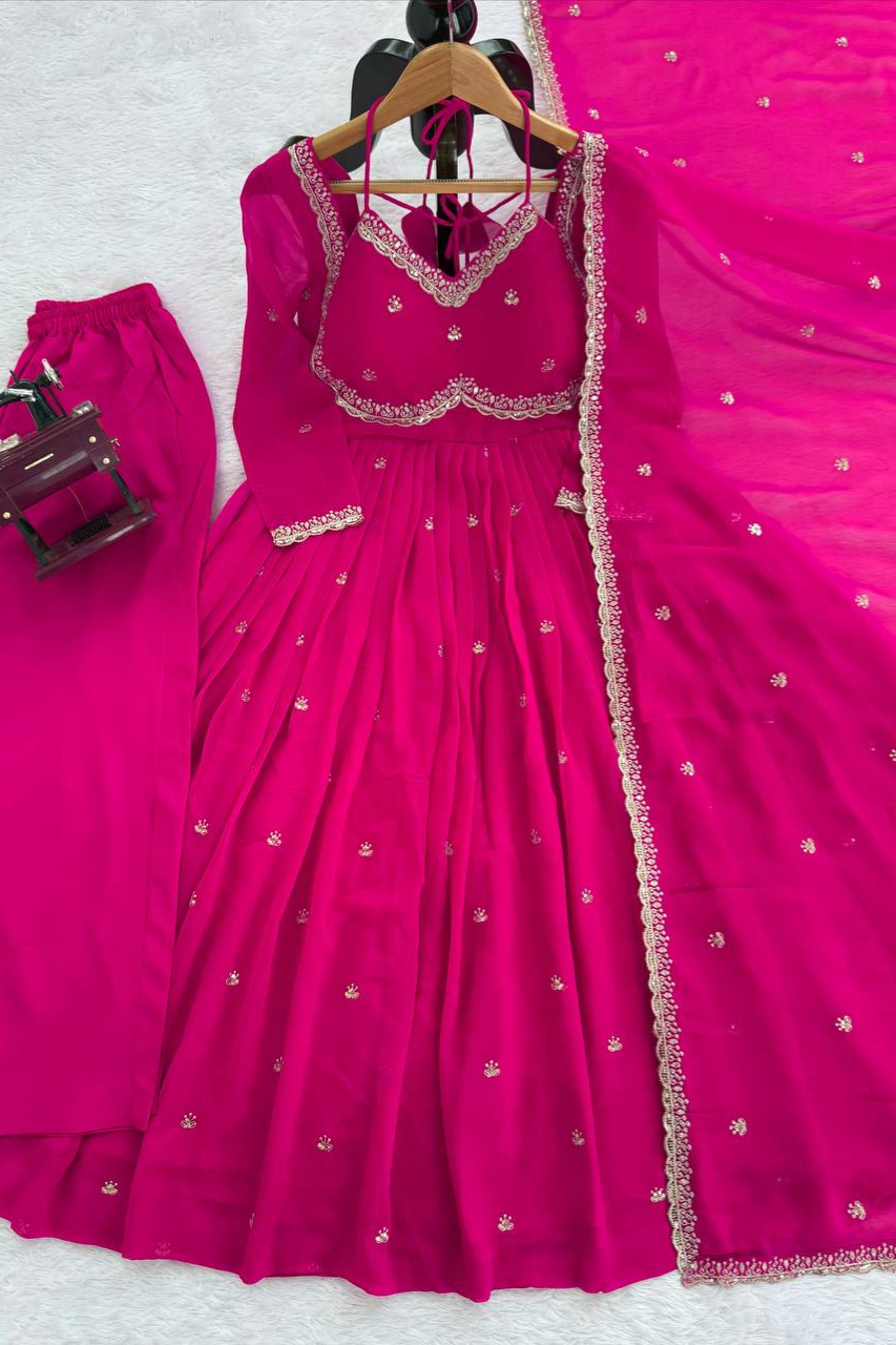 Foux Gorgette Anarkali - Available in 5 Beautiful Colors Red Orange Purple Pink Black