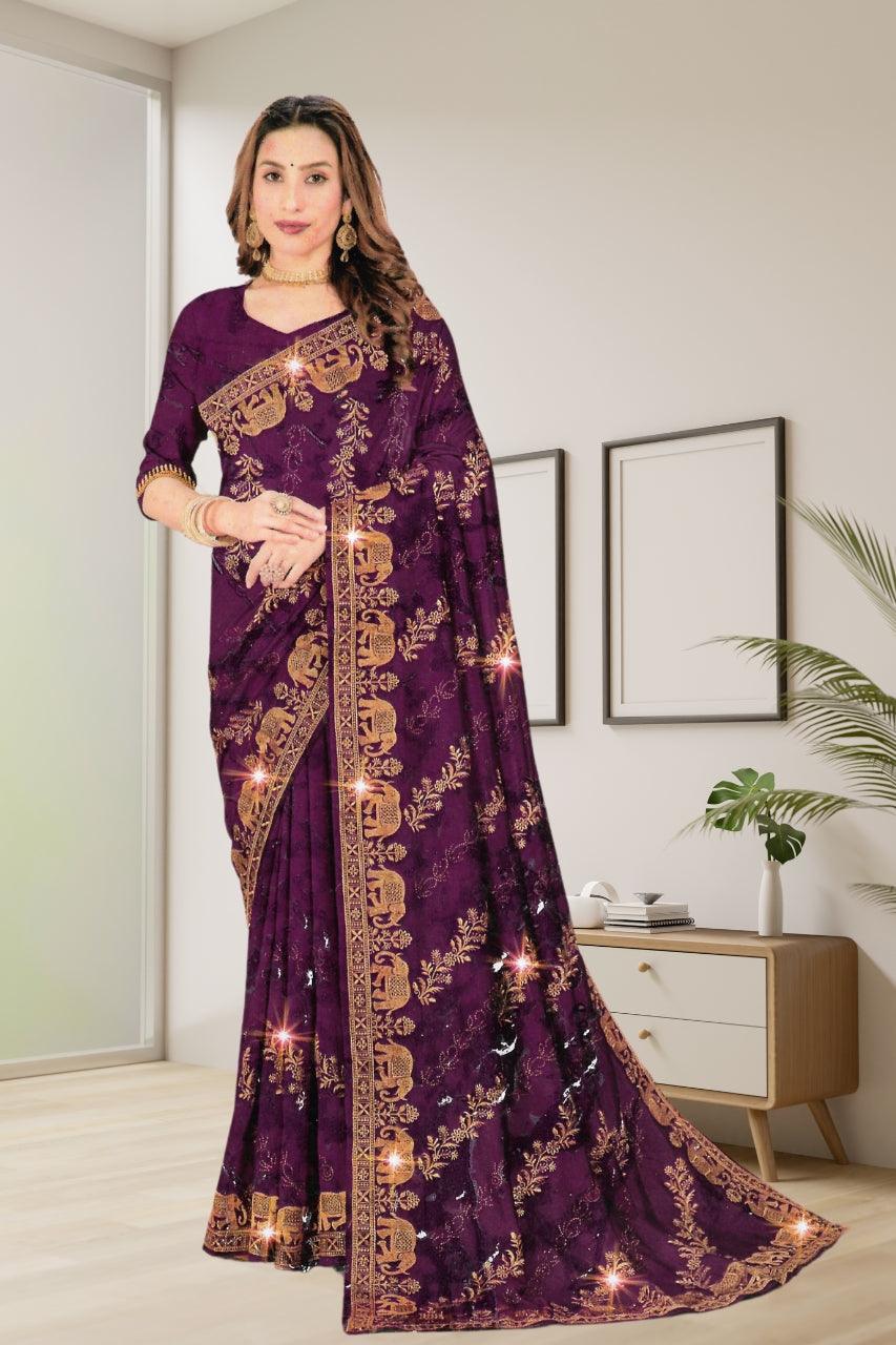 HEAVY GEORGETTE SAREE WITY MATCHING BLOUSE FOR WOMEN, 4 VIBRANT COLORS