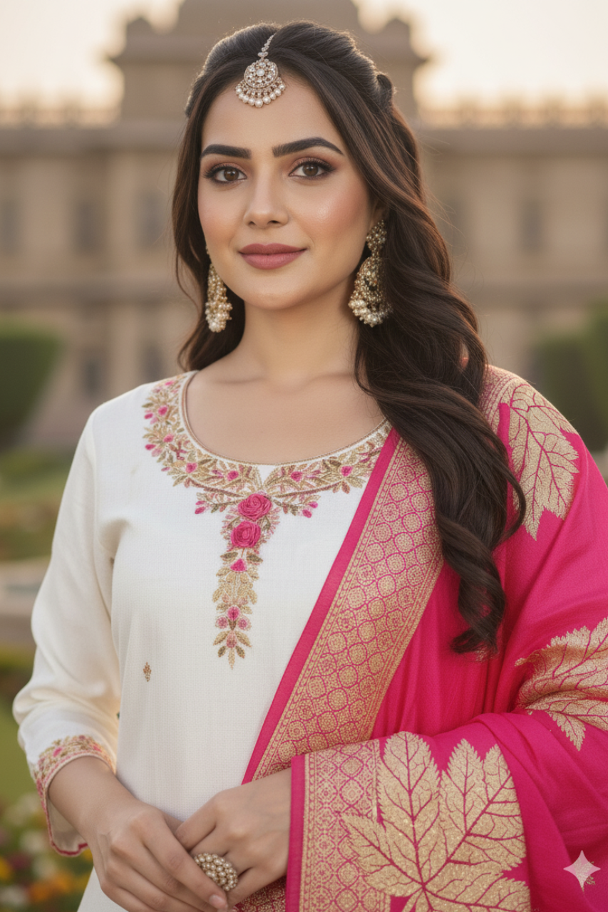 BEAUTIFUL & Elegant White Soft Premium Silk Suit with FLORAL Jacquard Dupatta - LINING ATTACHED