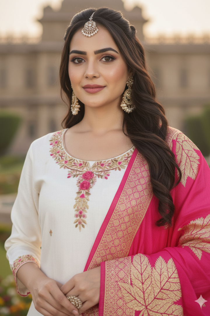 BEAUTIFUL & Elegant White Soft Premium Silk Suit with FLORAL Jacquard Dupatta - LINING ATTACHED