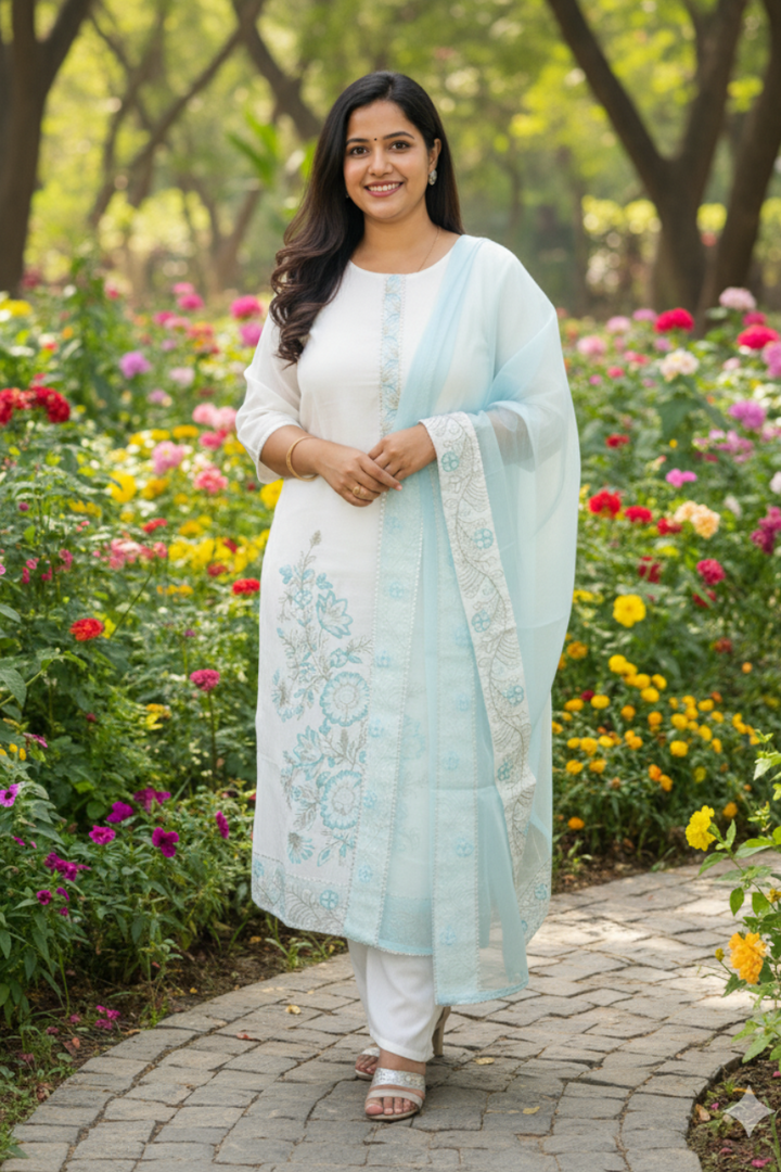 Elegant White & Sky Blue Embroidered Beautiful Suit with Delicate Detailing and Soft Dupatta