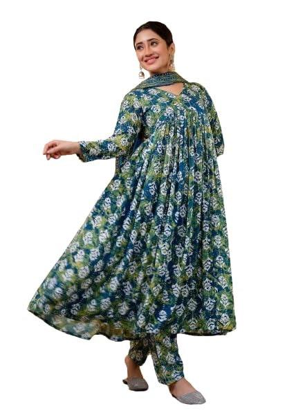GREEN FLORAL COTTON ALIA CUT SUIT WITH DIGITAL PRINTED FLORAL DUPATTA
