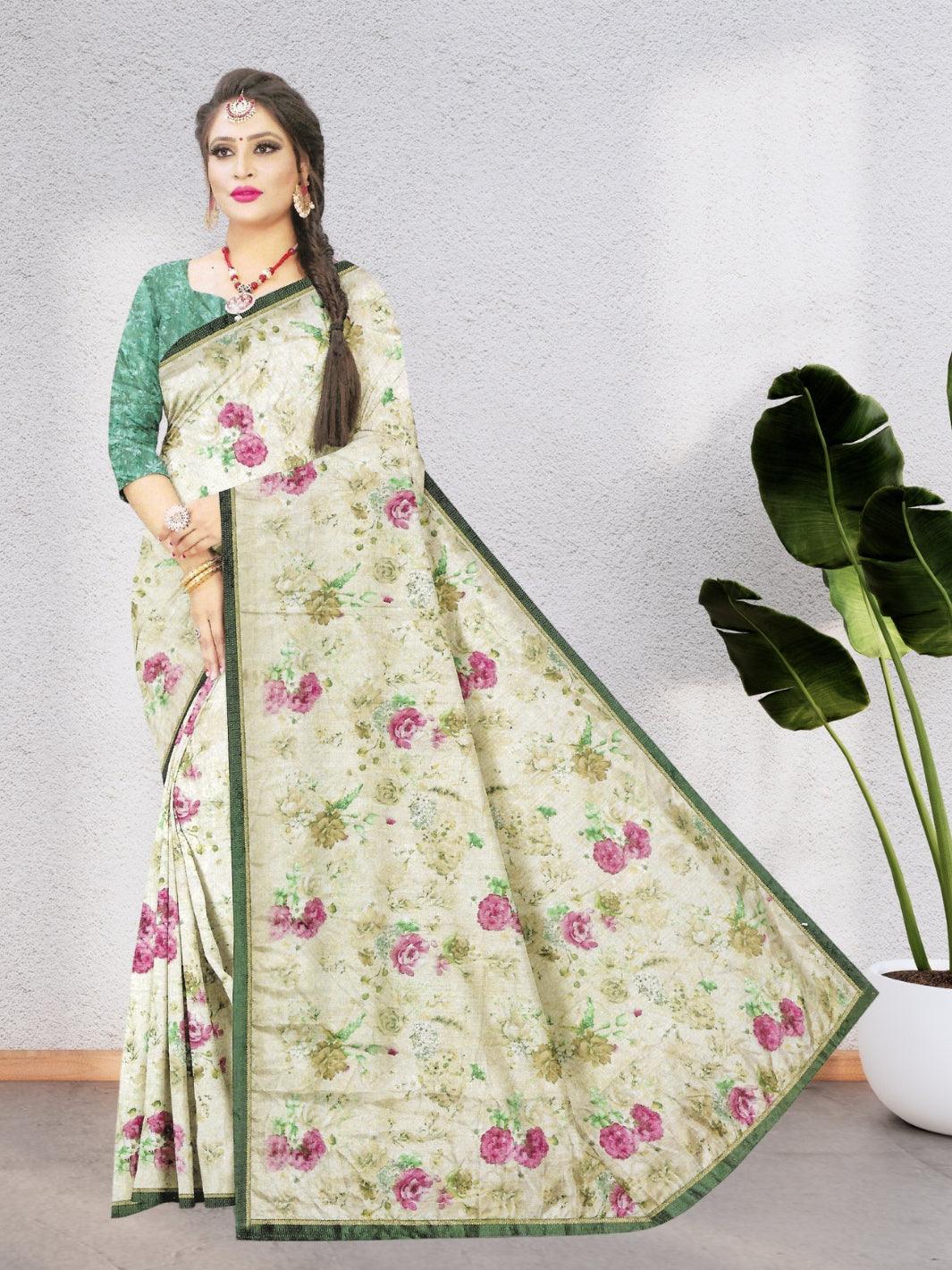 CHIFFON FLORAL SAREE WITH BEAUTIFUL DESIGN WITH BLOUSE, 9 BEAUTIFUL COLORS
