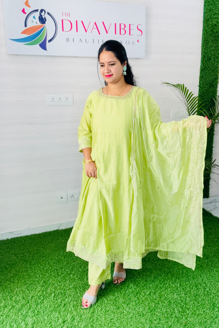 Beautiful and Elegant Lime Green Premium Silk Anarkali Women Suit with Embroidered Dupatta