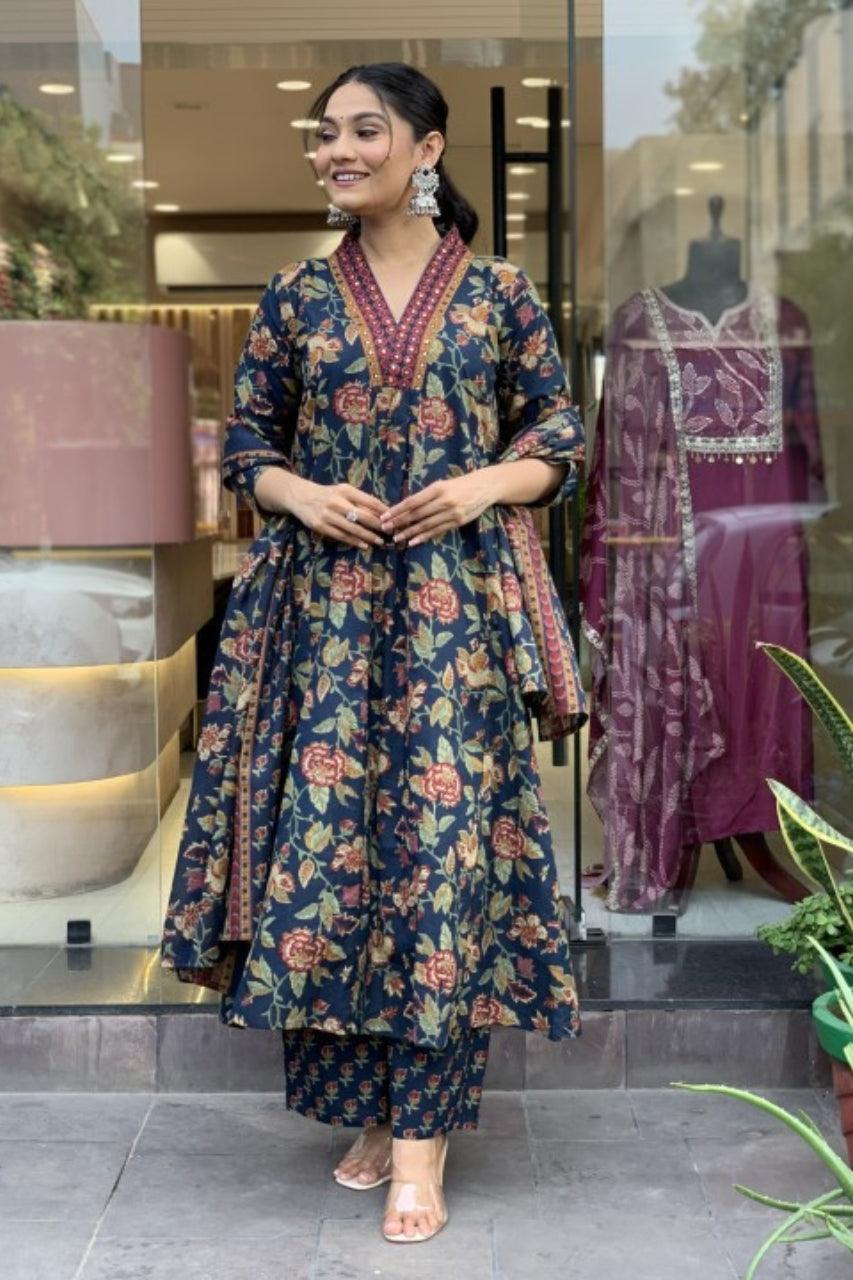 A LINE COTTON FLORAL 3 PIECE SUITS WITH COTTON DUPPATA