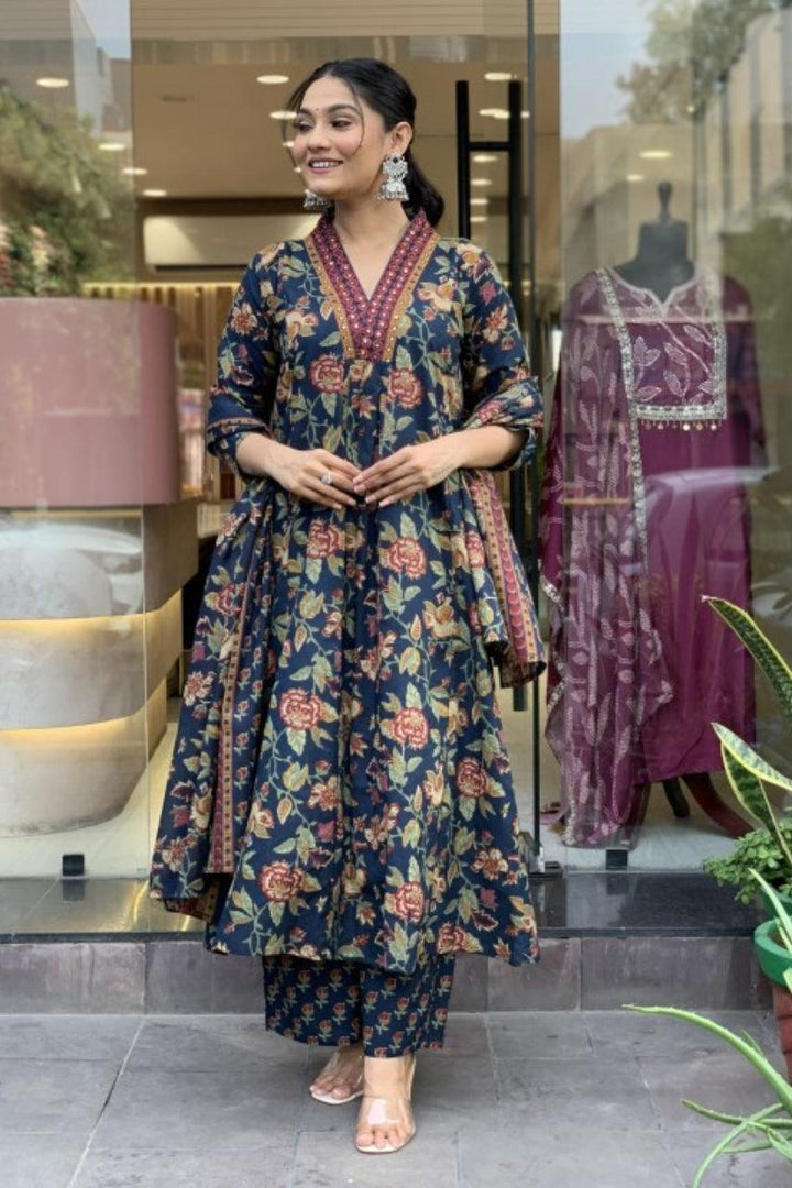 A LINE COTTON FLORAL 3 PIECE SUITS WITH COTTON DUPPATA