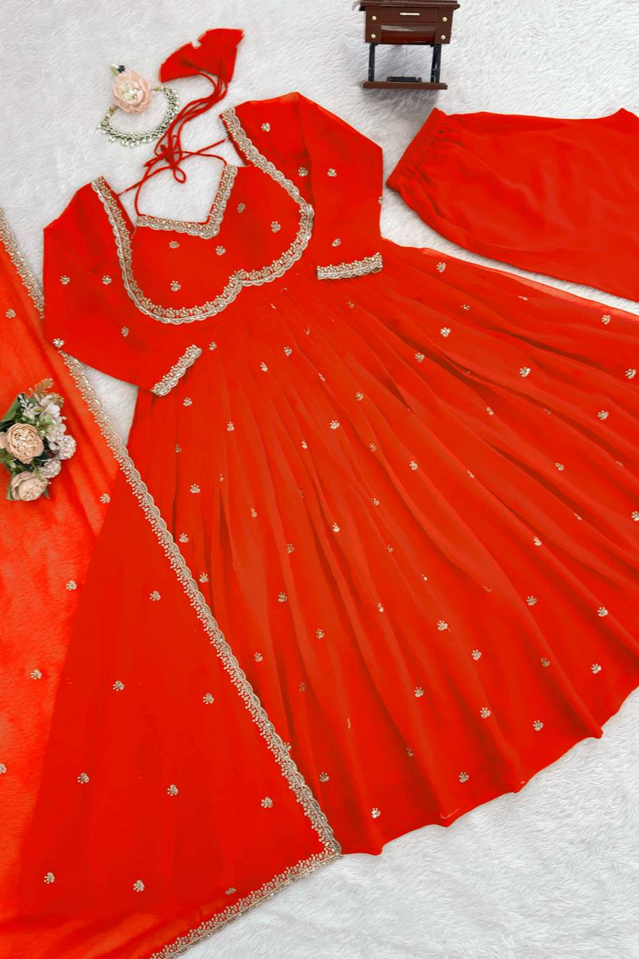 Foux Gorgette Anarkali - Available in 5 Beautiful Colors Red Orange Purple Pink Black