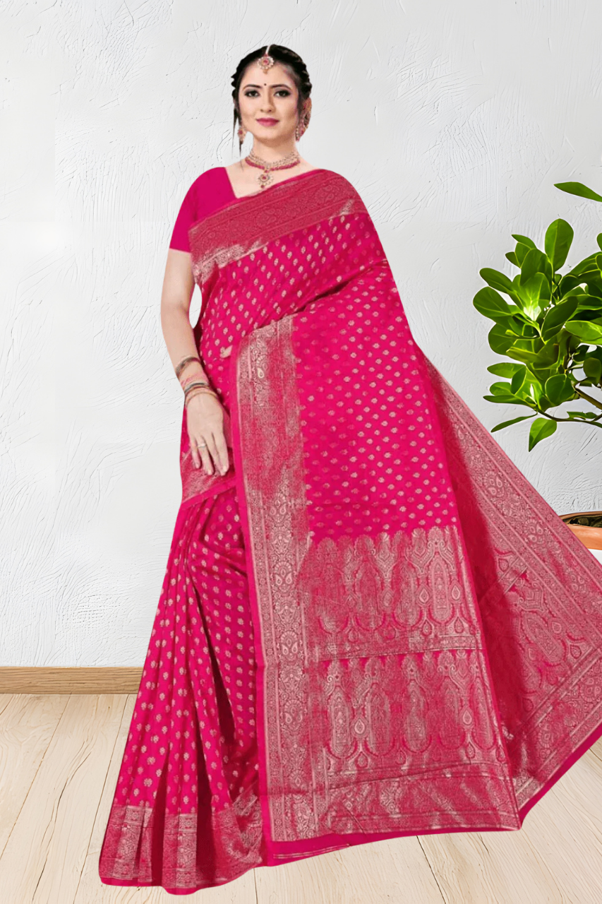 BANARASI SILK SAREE WITH BEAUTIFUL DESIGN WITH BLOUSE, 4 BEAUTIFUL COLORS