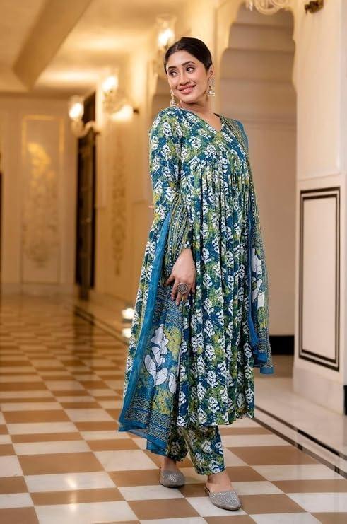 GREEN FLORAL COTTON ALIA CUT SUIT WITH DIGITAL PRINTED FLORAL DUPATTA