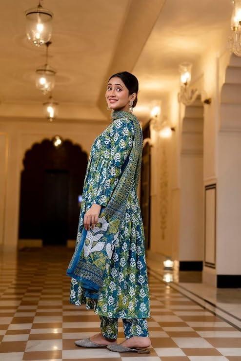 GREEN FLORAL COTTON ALIA CUT SUIT WITH DIGITAL PRINTED FLORAL DUPATTA