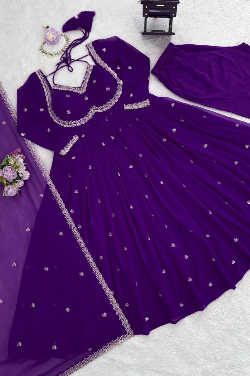 Foux Gorgette Anarkali - Available in 5 Beautiful Colors Red Orange Purple Pink Black