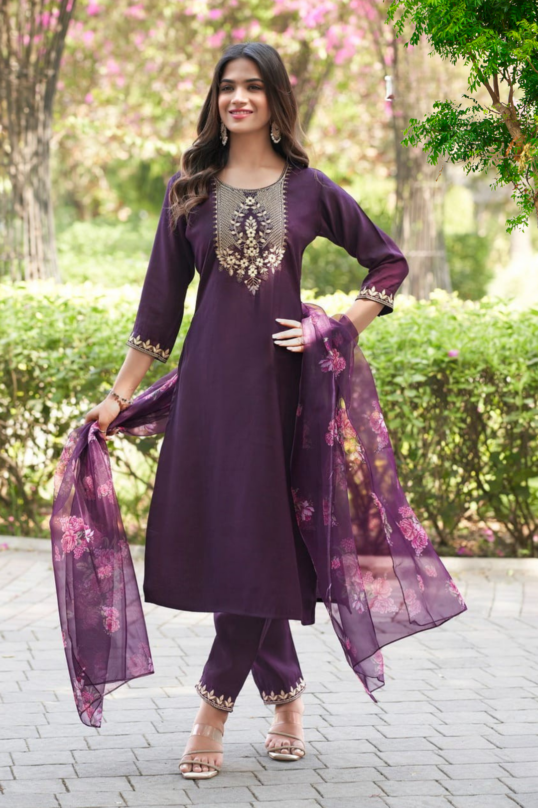 BEAUTIFUL ROMAN SILK SUIT– 8 COLORS WITH ORGANZA FLORAL DUPPATA