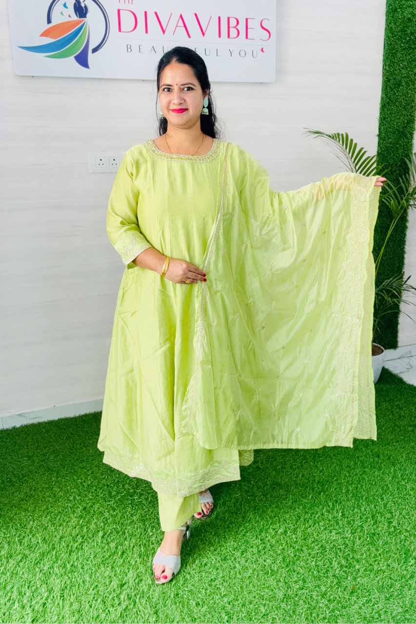 Beautiful and Elegant Lime Green Premium Silk Anarkali Women Suit with Embroidered Dupatta