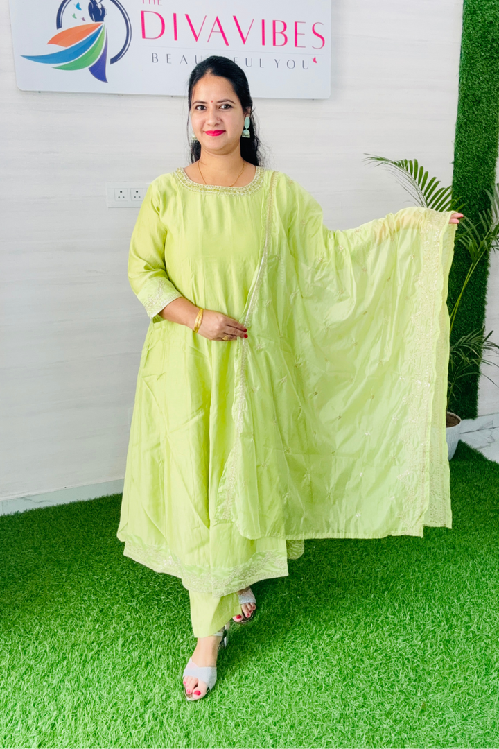 Beautiful and Elegant Lime Green Premium Silk Anarkali Women Suit with Embroidered Dupatta