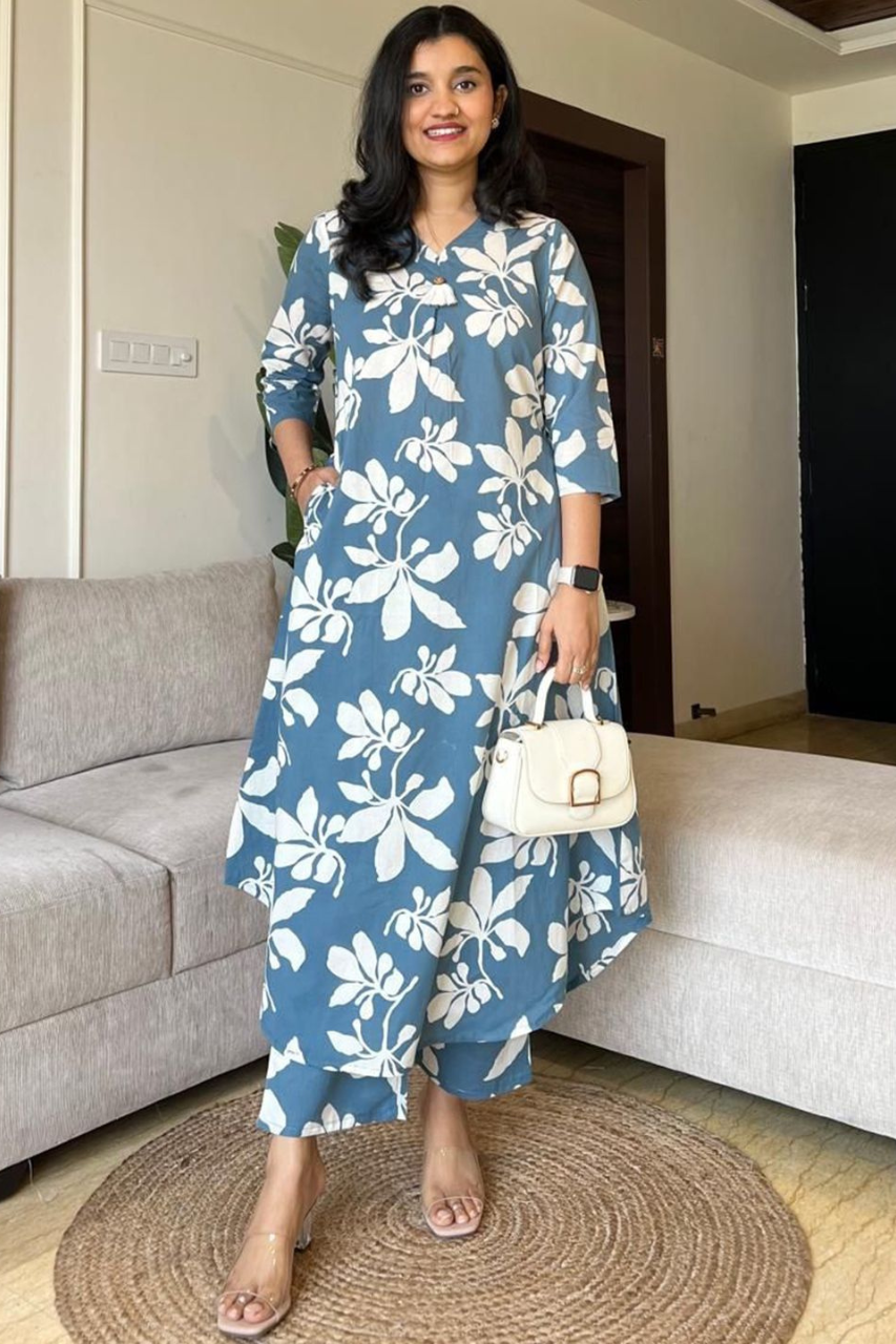 FLORAL PRINTED V NECK PURE COTTON TUNIC WITH TROUSERS CO-ORDS