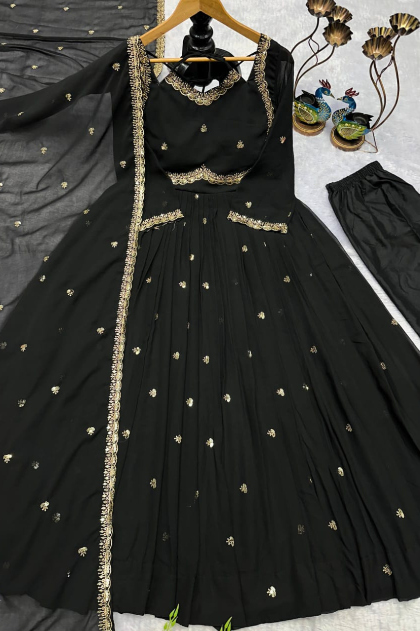 Foux Gorgette Anarkali - Available in 5 Beautiful Colors Red Orange Purple Pink Black