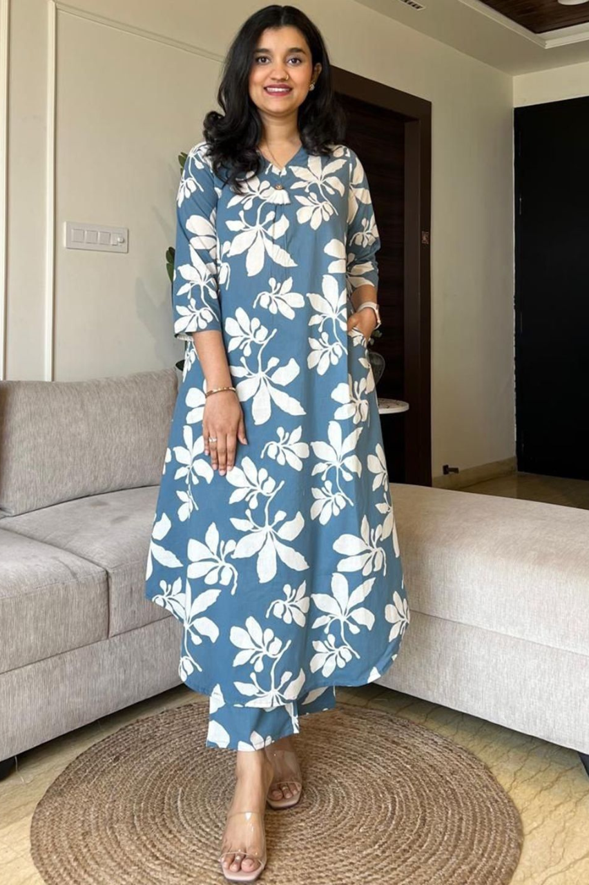 FLORAL PRINTED V NECK PURE COTTON TUNIC WITH TROUSERS CO-ORDS