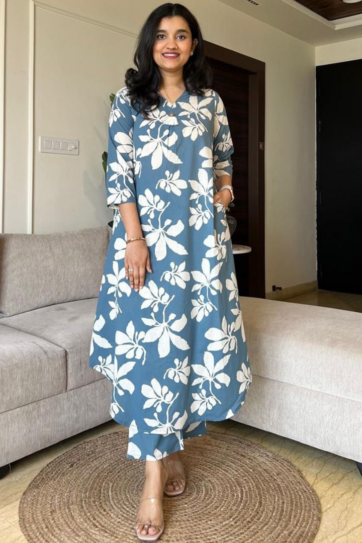 FLORAL PRINTED V NECK PURE COTTON TUNIC WITH TROUSERS CO-ORDS