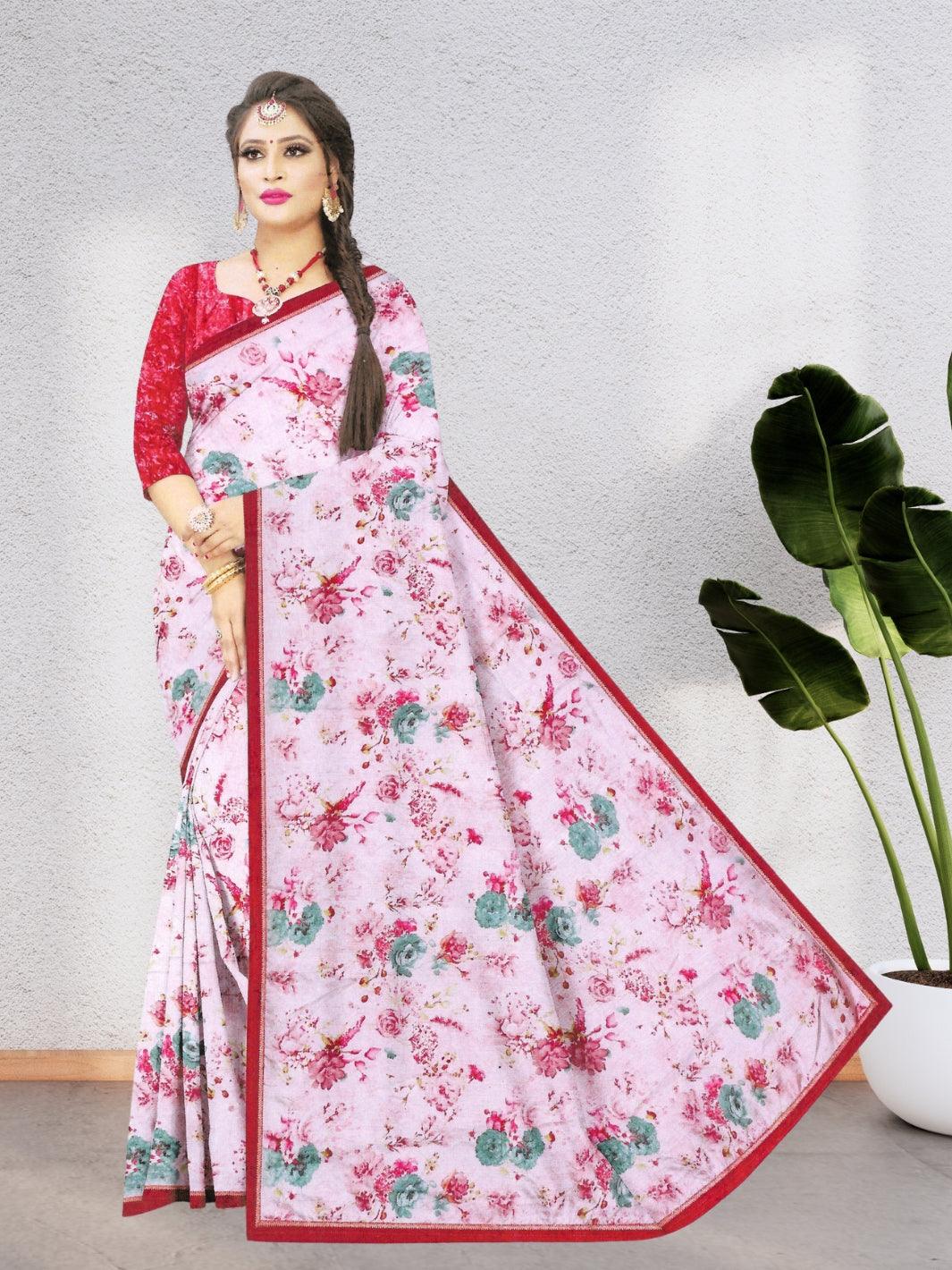 CHIFFON FLORAL SAREE WITH BEAUTIFUL DESIGN WITH BLOUSE, 9 BEAUTIFUL COLORS