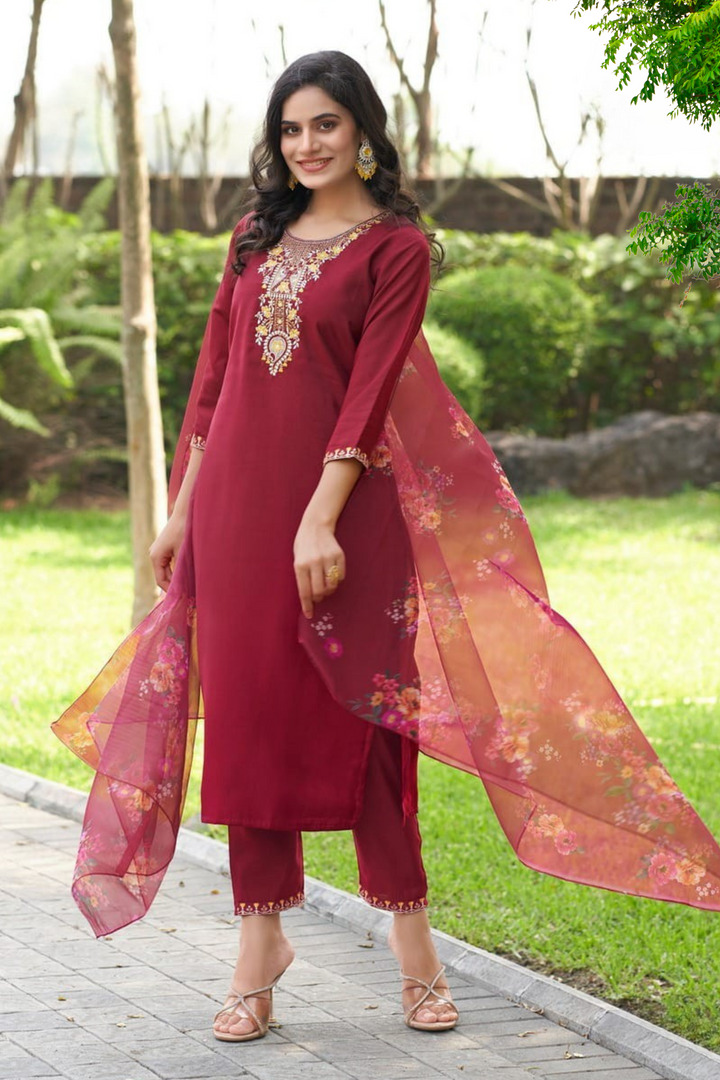 BEAUTIFUL ROMAN SILK SUIT– 8 COLORS WITH ORGANZA FLORAL DUPPATA