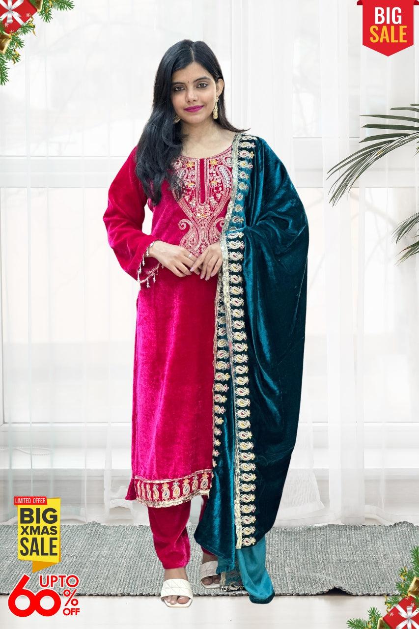 3 PIECE BEAUTIFUL VELVET SUIT WITH DIPATTA IN 2 COLORS