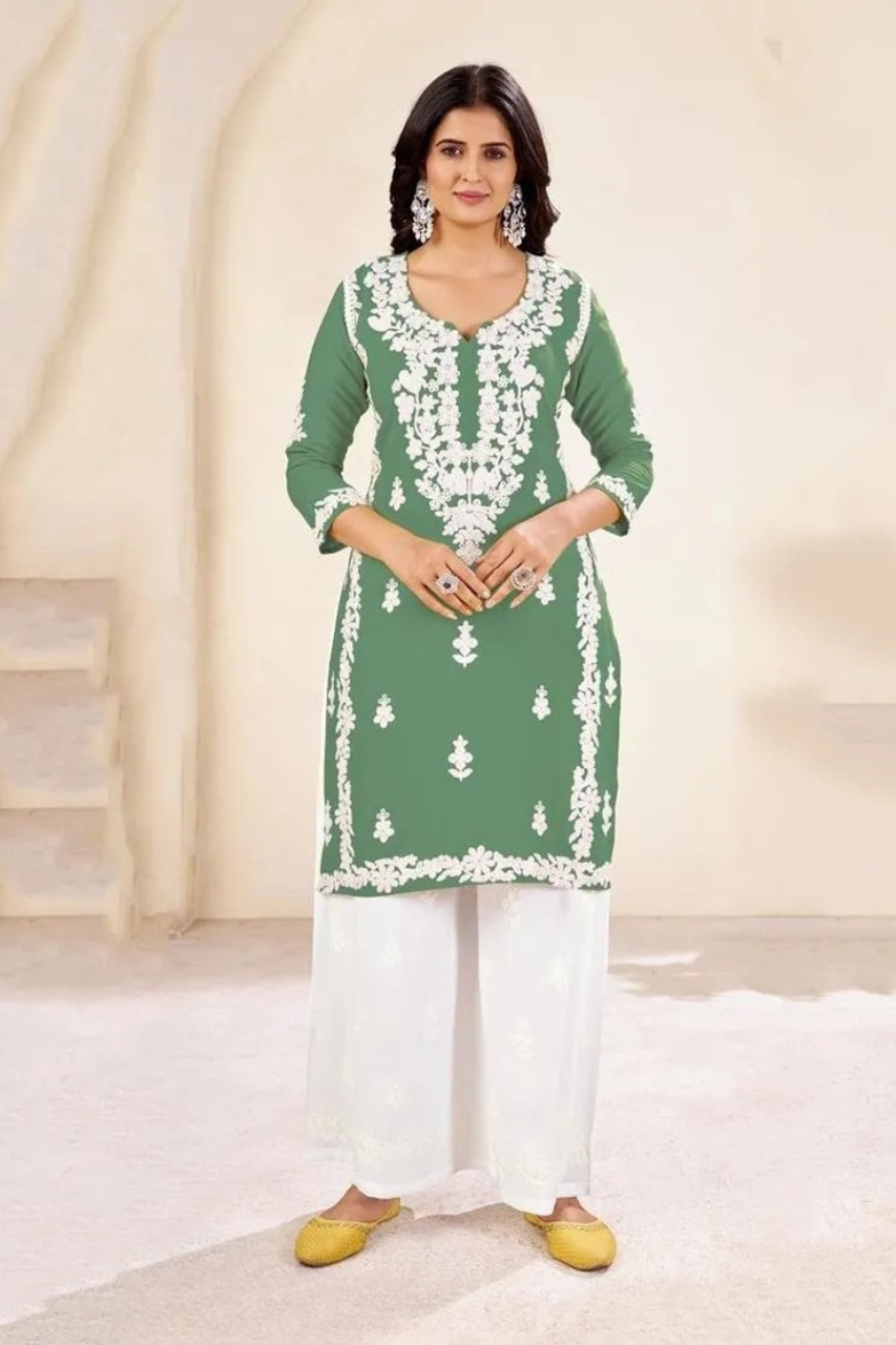 BEAUTIUL DESIGNER CHIKENKARI KURTA AND PLAZO SET FOR WOMEN