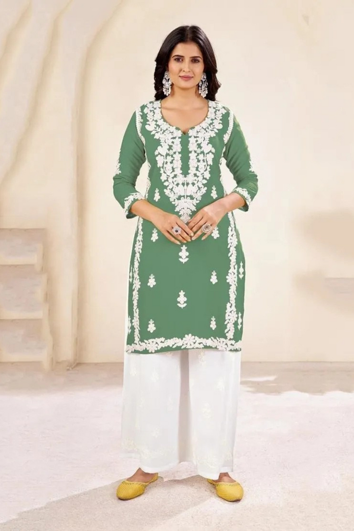 BEAUTIUL DESIGNER CHIKENKARI KURTA AND PLAZO SET FOR WOMEN