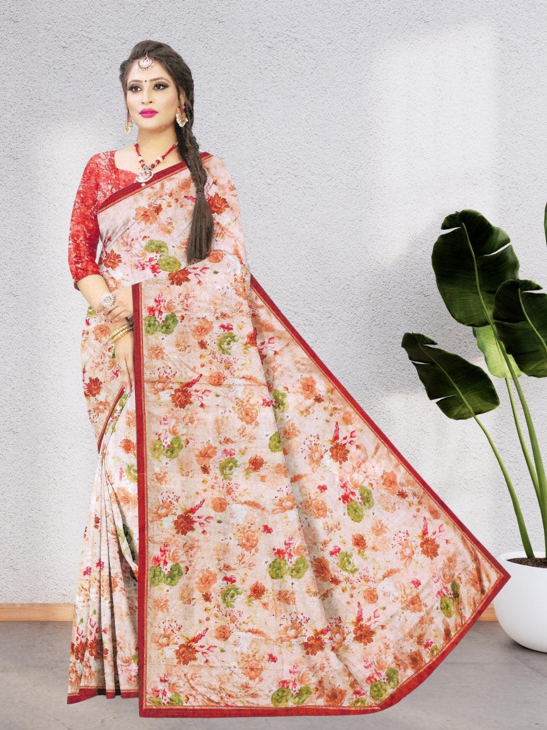 CHIFFON FLORAL SAREE WITH BEAUTIFUL DESIGN WITH BLOUSE, 9 BEAUTIFUL COLORS
