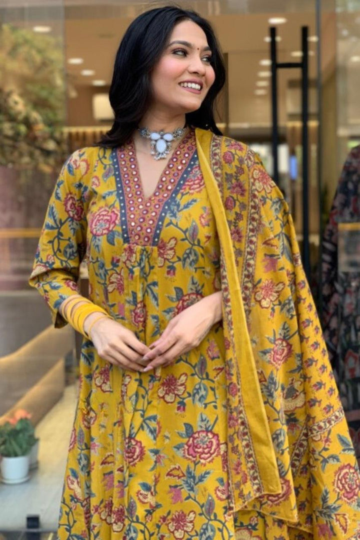 A LINE COTTON FLORAL 3 PIECE SUITS WITH COTTON DUPPATA