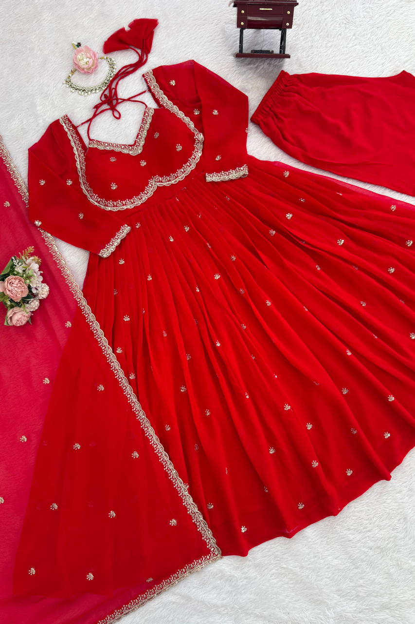 Foux Gorgette Anarkali - Available in 5 Beautiful Colors Red Orange Purple Pink Black