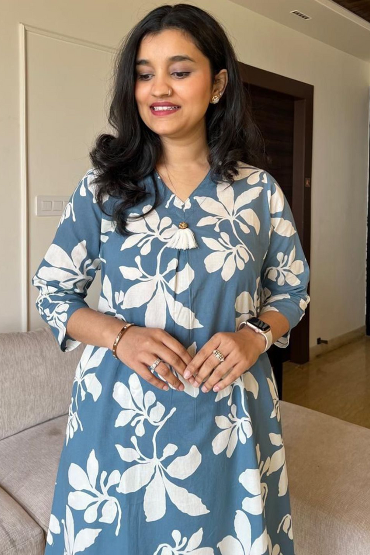 FLORAL PRINTED V NECK PURE COTTON TUNIC WITH TROUSERS CO-ORDS